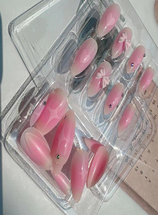 BSBTBZ Pink Gradient Press on Nails Fake Nails Almond-shaped blush Bow Star with Rhinestones Design Glossy Stick on Nails Acrylic Artificial Nails Oval False Nails for Women Girls DIY Manicure Decoration - Image 5